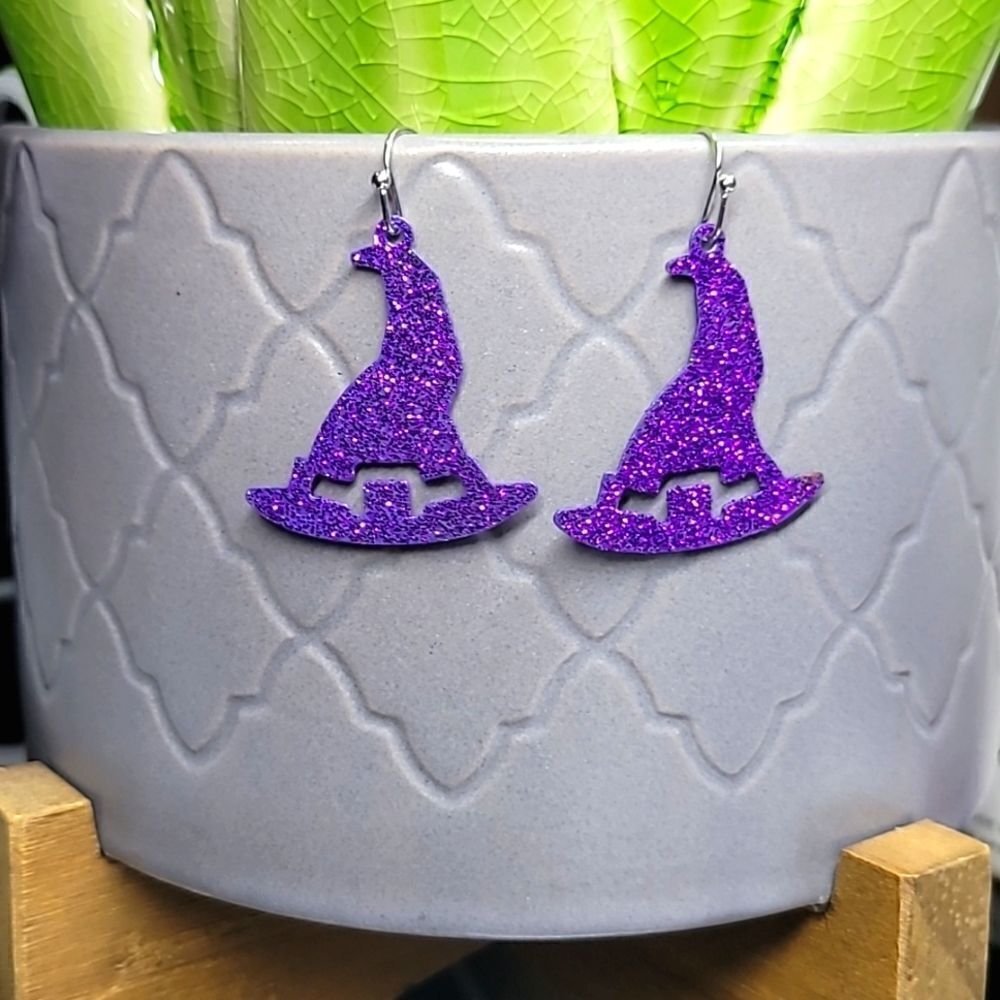 Purple Glitter Witch Hat Dangle Earrings